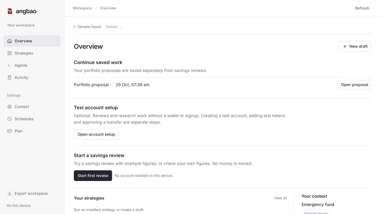 Angbao overview: saved work and recent reviews, using sample data